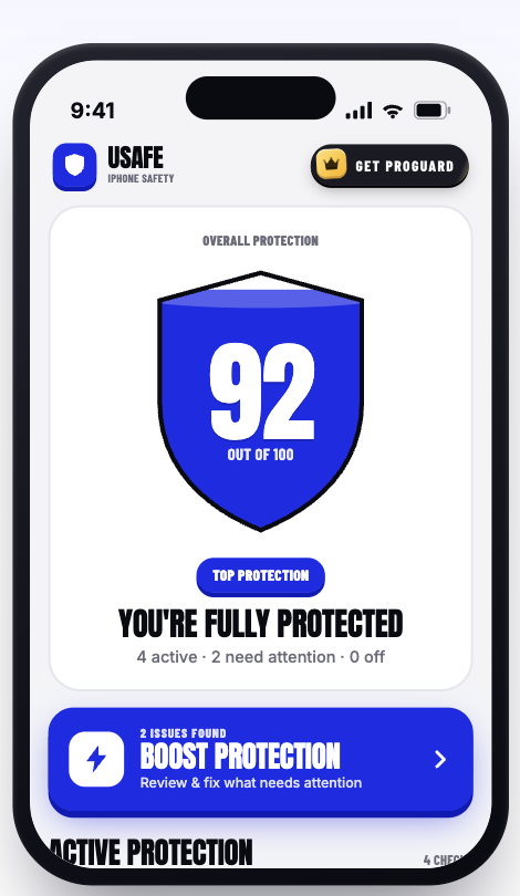 USafe overall protection score on iPhone